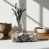 White Sage & Purple Royal Lavender Flower smudge stick bundle for spiritual cleansing, meditation, and energy clearing.