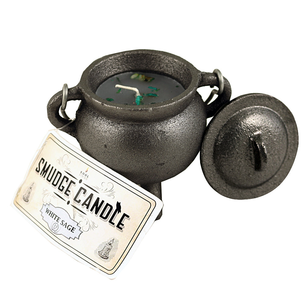 White Sage Smudge Candle in cast iron cauldron for spiritual cleansing, meditation, and ritual use.
