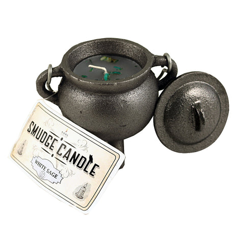 White Sage Smudge Candle in cast iron cauldron for spiritual cleansing, meditation, and ritual use.