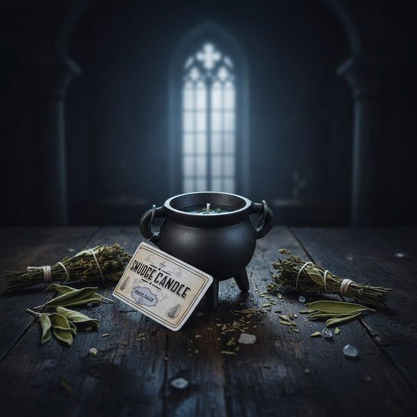 White Sage Smudge Candle in cast iron cauldron for spiritual cleansing, meditation, and ritual use.