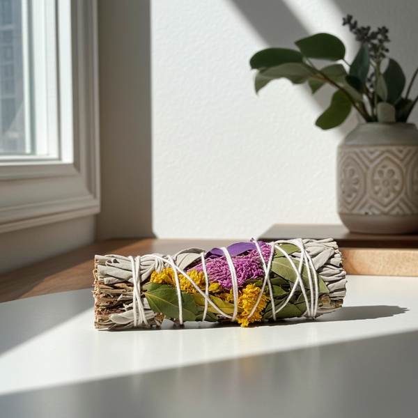 White Sage with Calendula Floral Flowers smudge stick bundle for spiritual cleansing, energy clearing, and ritual use.