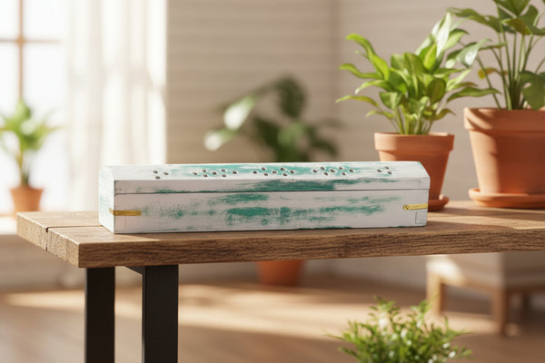 White Wash Wood incense box burner in green, for incense stick burning and ash catching, front view