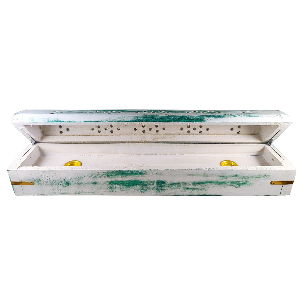 White Wash Wood incense box burner in green, side view