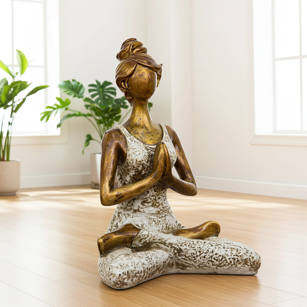 White Yoga Sukhasana Pose Statue sculpture for yoga studio decor, altar display, and calming interior decoration.