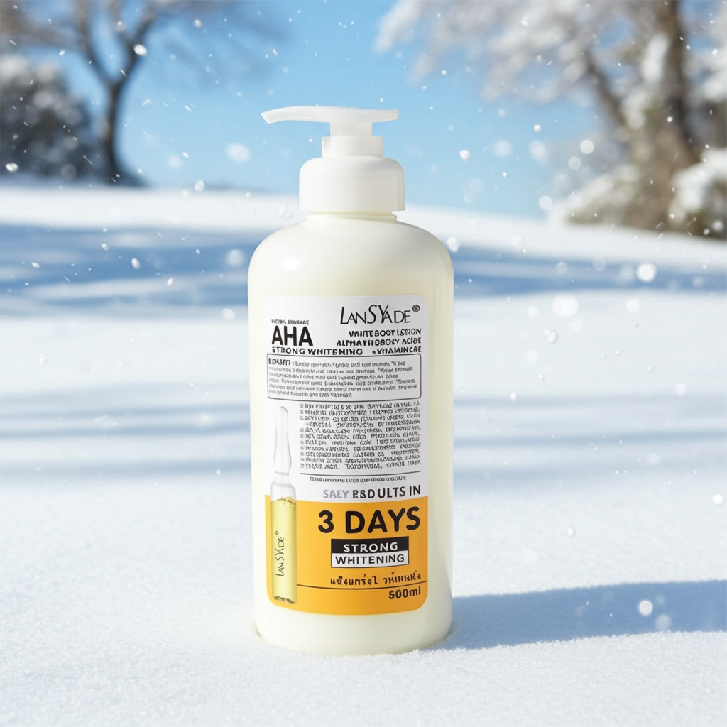 Whitening Body Lotion with AHA, Vitamin C, and Vitamin E for brightening, exfoliating, and daily body moisturizing.