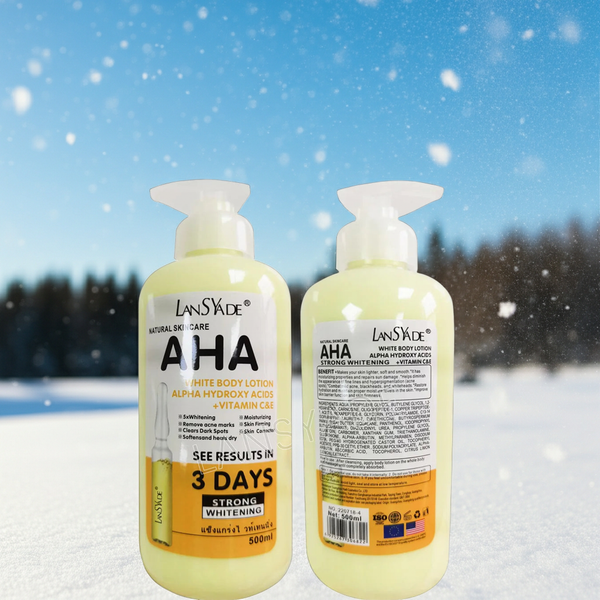 Whitening body lotion bottle with AHA, Vitamin C, and Vitamin E for moisturizing skin, improving skin tone, and daily body care.