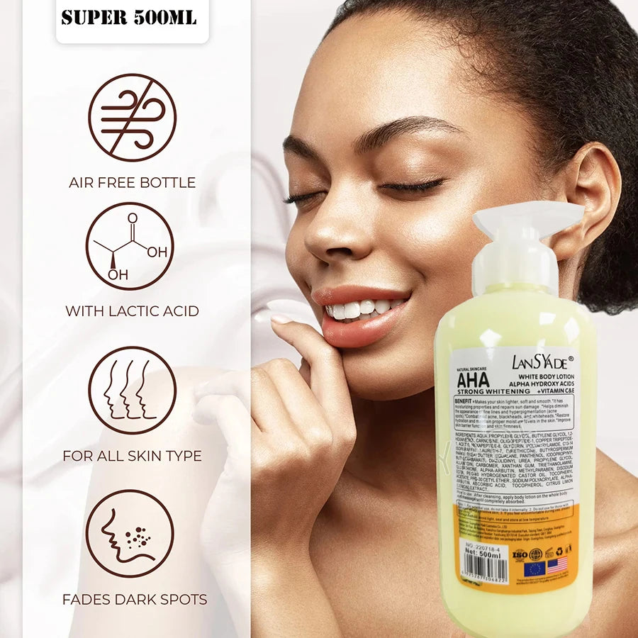 Whitening body lotion bottle with AHA, Vitamin C, and Vitamin E for body hydration, skin nourishment, and daily skincare routines.