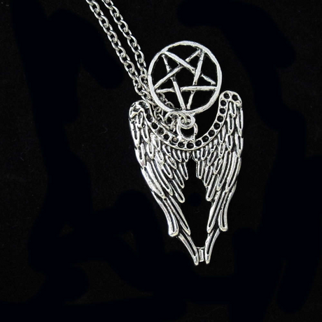 Winged Pentagram Necklace pendant jewelry, detail view