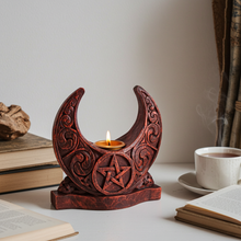 Witchcraft Moon Pentacle candle holder altar piece for holding candles during spell work, prayer, and mystical home decor use.