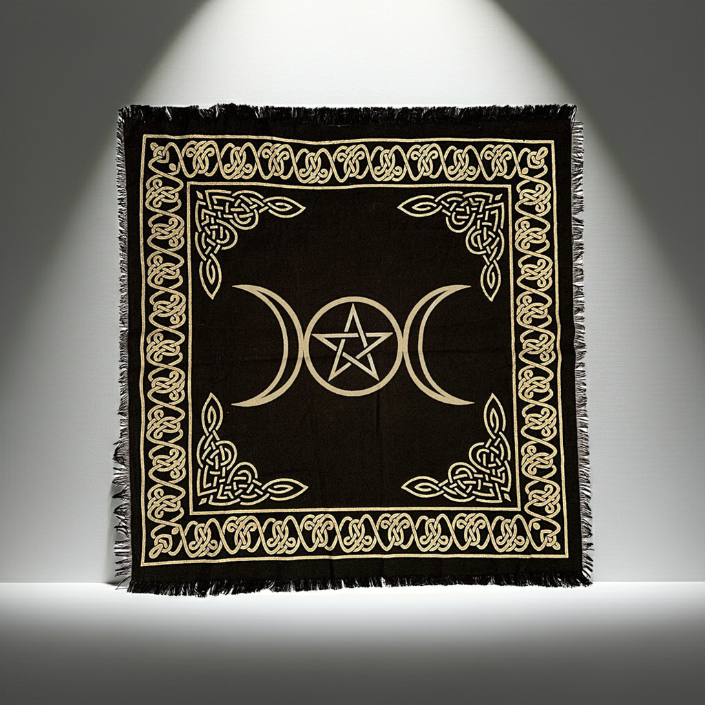 Witchcraft Triple Moon Pentagram altar cloth fabric for spellcasting, altar presentation, and ritual practice.