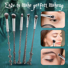 Wizard wand makeup brush set in Harry Potter style with cosmetic brushes for contouring, highlighting, and eye makeup use.