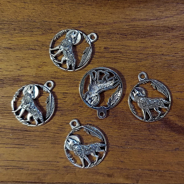 Wolf Full Moon Charm pendant for jewelry making and altar decoration