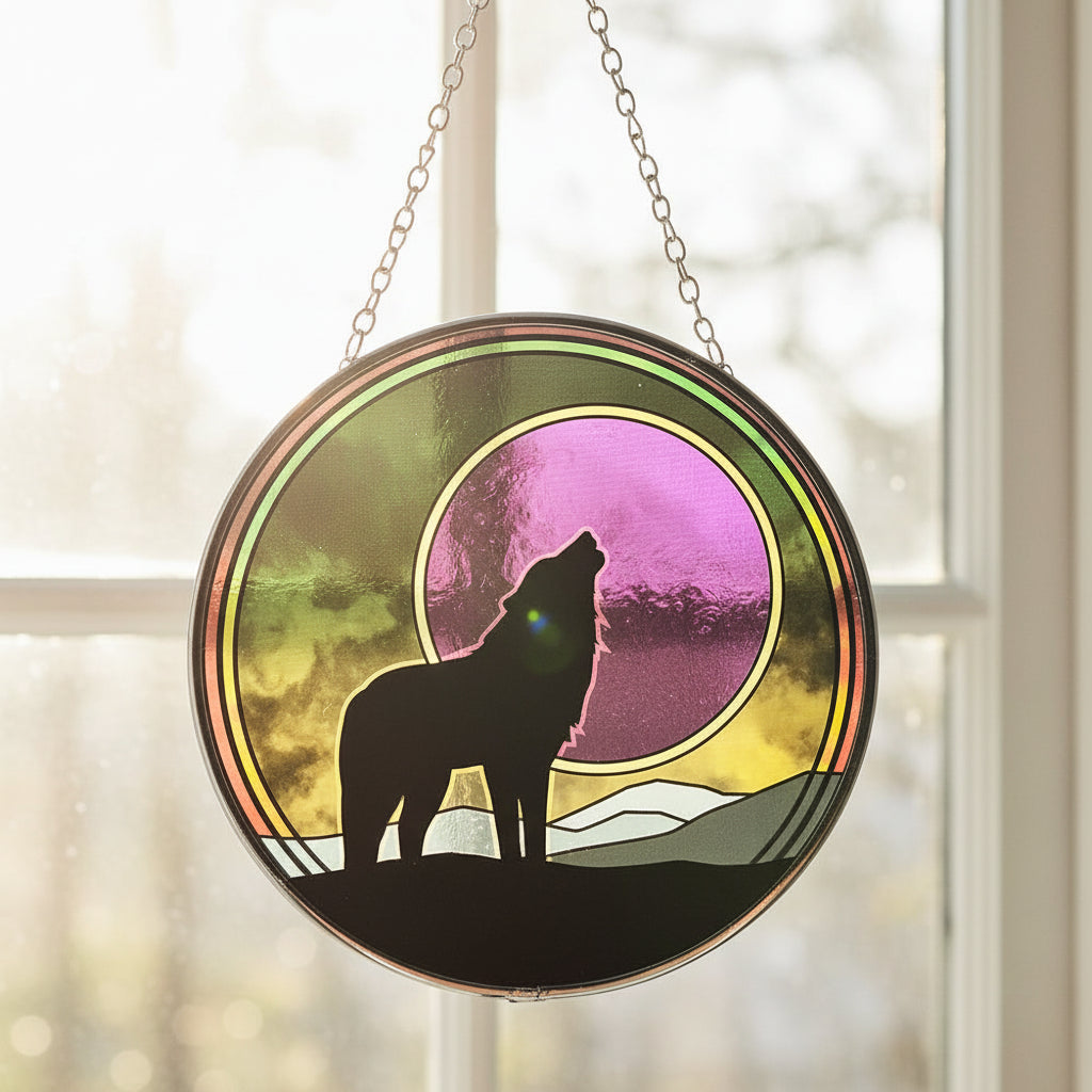 Wolf glass suncatcher for window display and garden decor