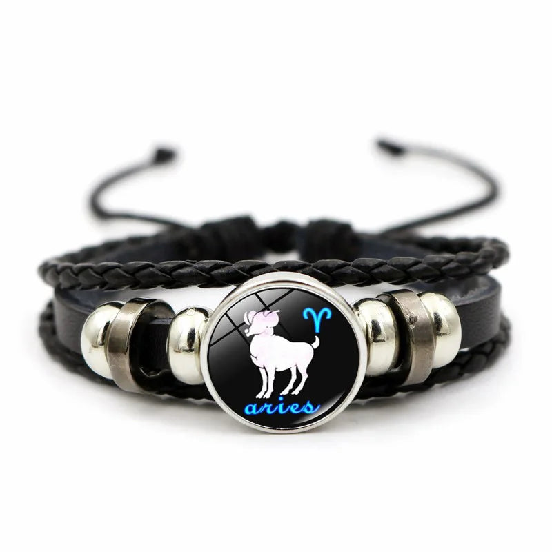 Women’s 12 Constellation leather bracelet for zodiac accessory styling, daily fashion wear, and astrology-themed gifts.