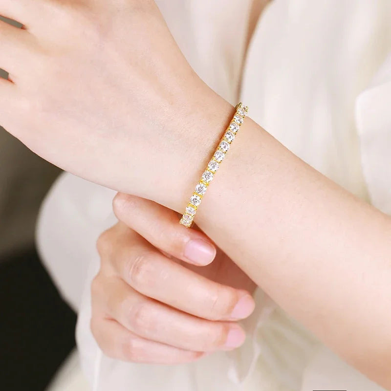 Women’s 18k Gold Plated Moissanite bracelet wrist jewelry for dressy looks, celebration wear, and personal accessory use.