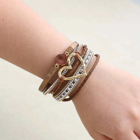 Women’s bohemian heart charm leather bracelet for daily outfit styling, festival fashion, and casual accessory wear.