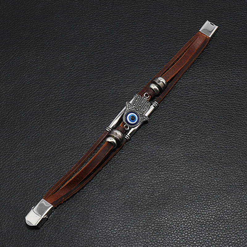Women’s Evil Eye Fatima Hand leather bracelet with charm detail for daily wear, protective symbolism, and layered fashion looks.