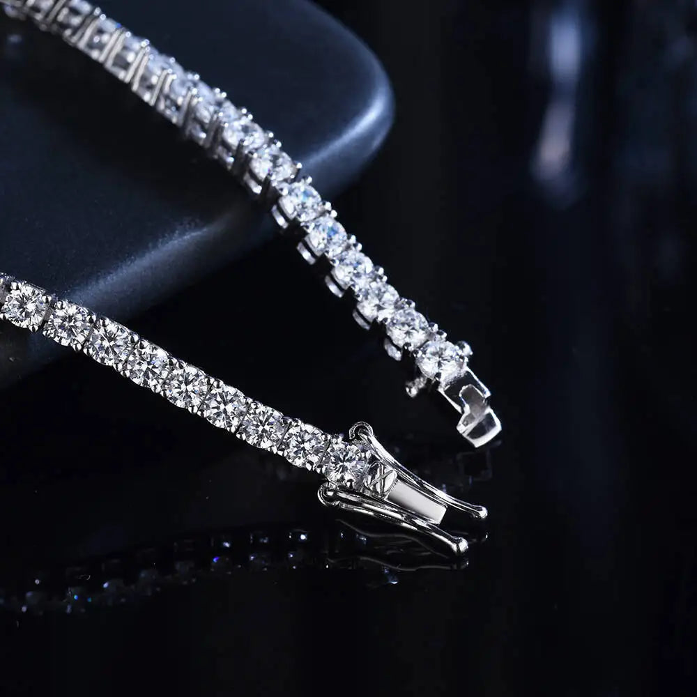 Women’s moissanite tennis bracelet in sterling silver for weddings, parties, and refined daily fashion.