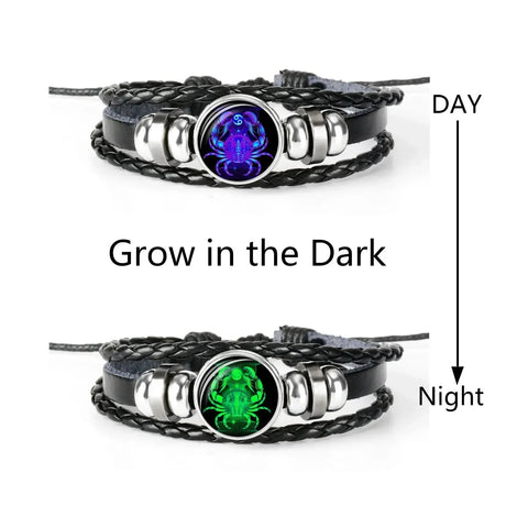 Women’s Zodiac Luminous Leather Charm Bracelet with leather strap and glowing charm for stylish daily wear and zodiac-themed gifting.