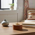 Wood cone and incense stick holder with brass inserts for cones and sticks