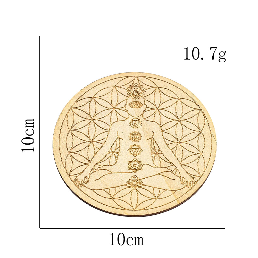 Wooden 7 Chakra Flower of Life coaster for holding tea cups, protecting tables, and yoga room decor.