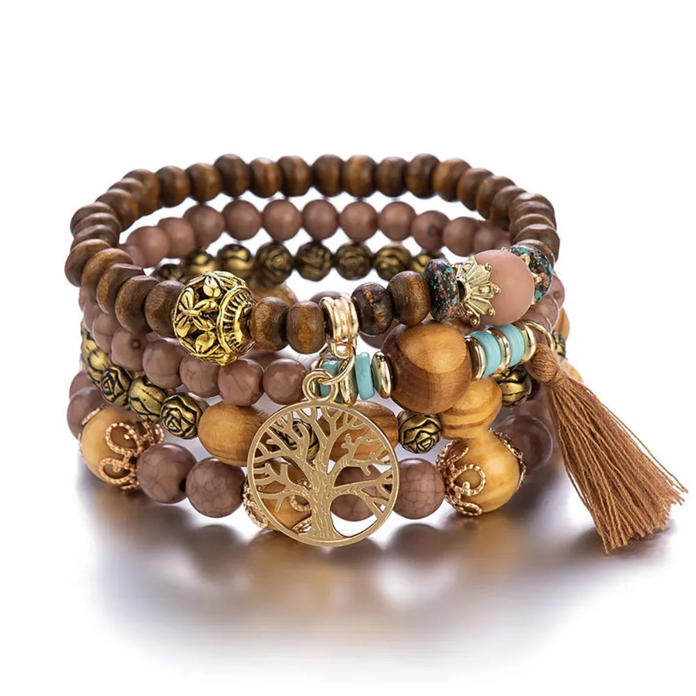 Wooden bead bracelet stack in boho style with tassel for daily accessorizing, outfit layering, and relaxed fashion looks.