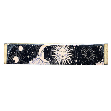 Sun and Moon Wooden Coffin Box incense burner with carved design for burning incense during prayer, cleansing, and home fragrance use.