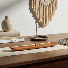 Sun Wood wooden incense boat burner holder for catching ash and burning incense sticks during prayer and home fragrance use.