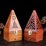 Wooden incense burner box with drawer for holding incense sticks, ash collection, and home fragrance use.