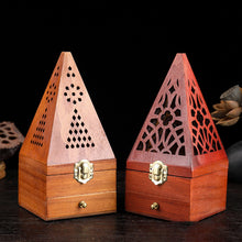 Wooden incense burner box with drawer for holding incense sticks, ash collection, and home fragrance use.