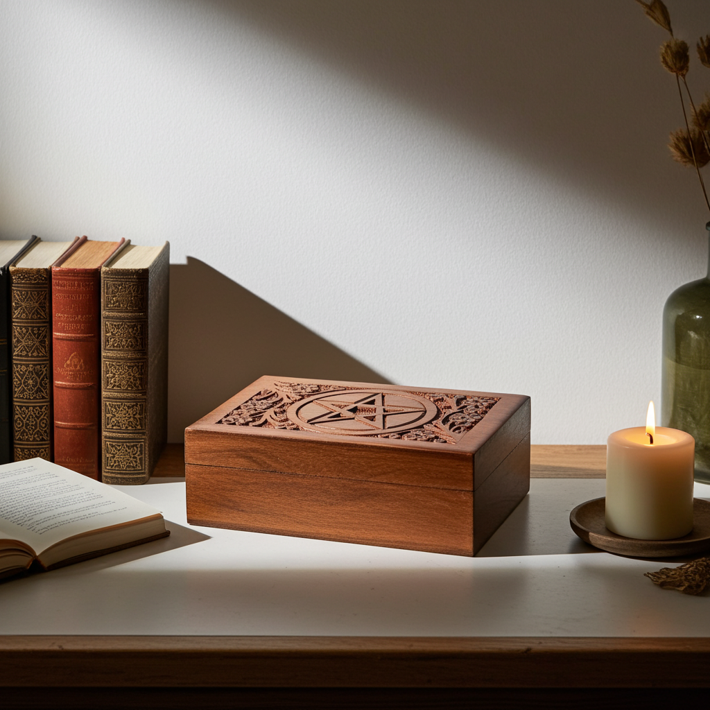 Pentacle Flower Carved Wooden Box trinket box for organizing rings, charms, and sacred keepsakes.