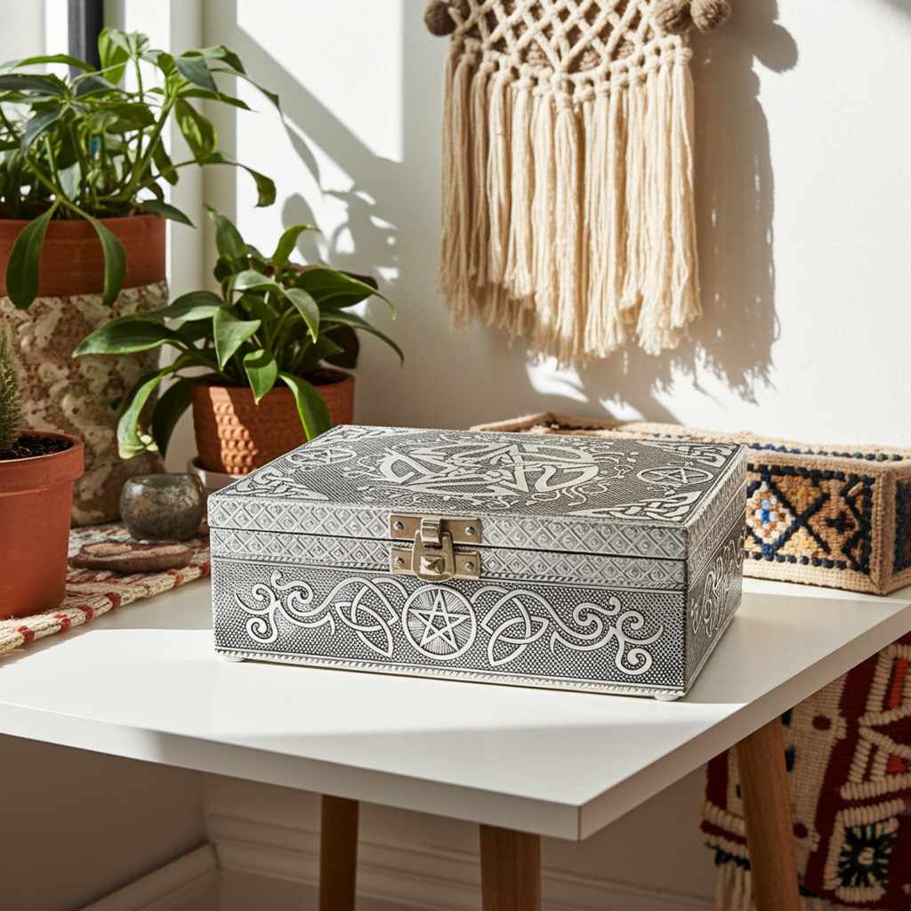 Pentagram Metal Over Wood Box wooden keepsake box for organizing small treasures, ritual tools, and personal items.