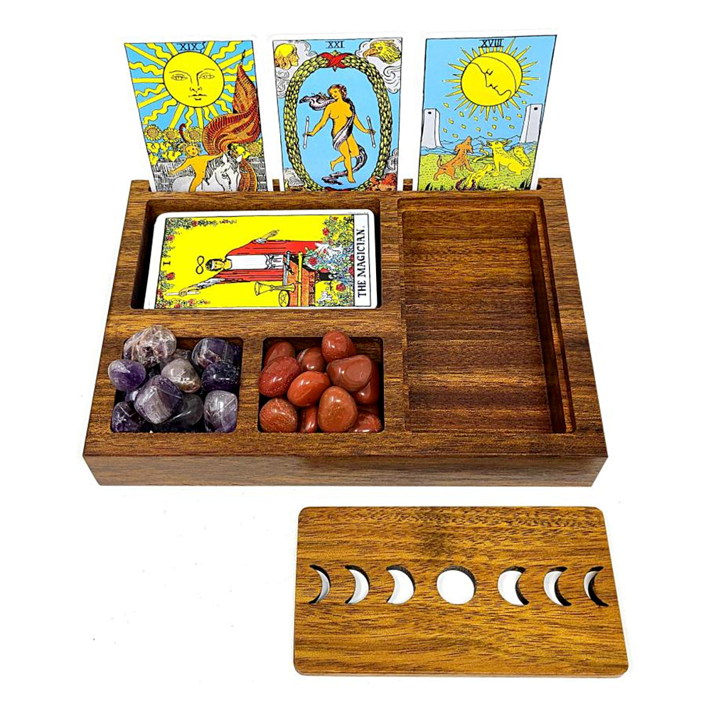 Wooden Tarot Card Holder with Moon Phase Lid, open view