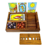 Wooden Tarot Card Holder with Moon Phase Lid, open view