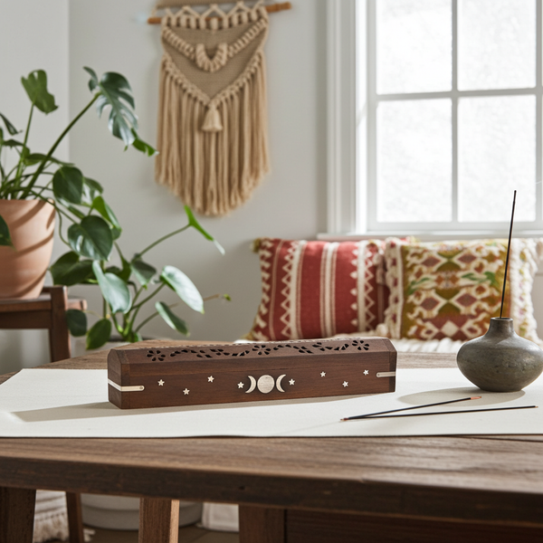 Wooden Triple Moon incense box holder for incense burning, ash catching, and ceremonial space cleansing.