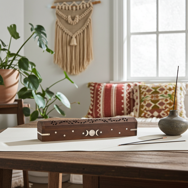 Wooden Triple Moon incense box holder for incense burning, ash catching, and ceremonial space cleansing.