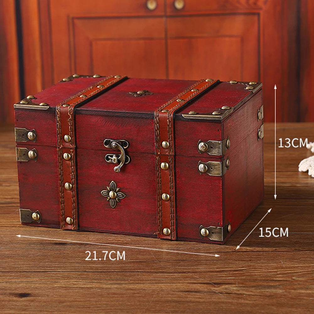 Retro Wooden Desktop Lock Box vintage-style safe box for desktop use, securing small valuables, keepsakes, and personal items.