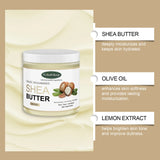 WOODSLEEP Shea Butter Deep Hydration Body Cream jar on beige background highlighting key skin benefits.