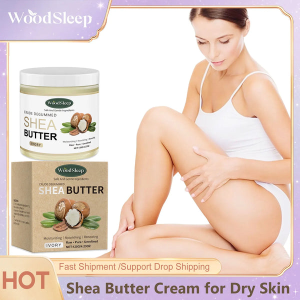 WOODSLEEP Shea Butter Deep Hydration Body Cream with woman applying cream to skin showing moisturizing benefits.