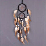 Woven Indian Dream Catcher with Brown Feathers hanging decor for bedroom use, wall decoration, and dream-inspired room styling.