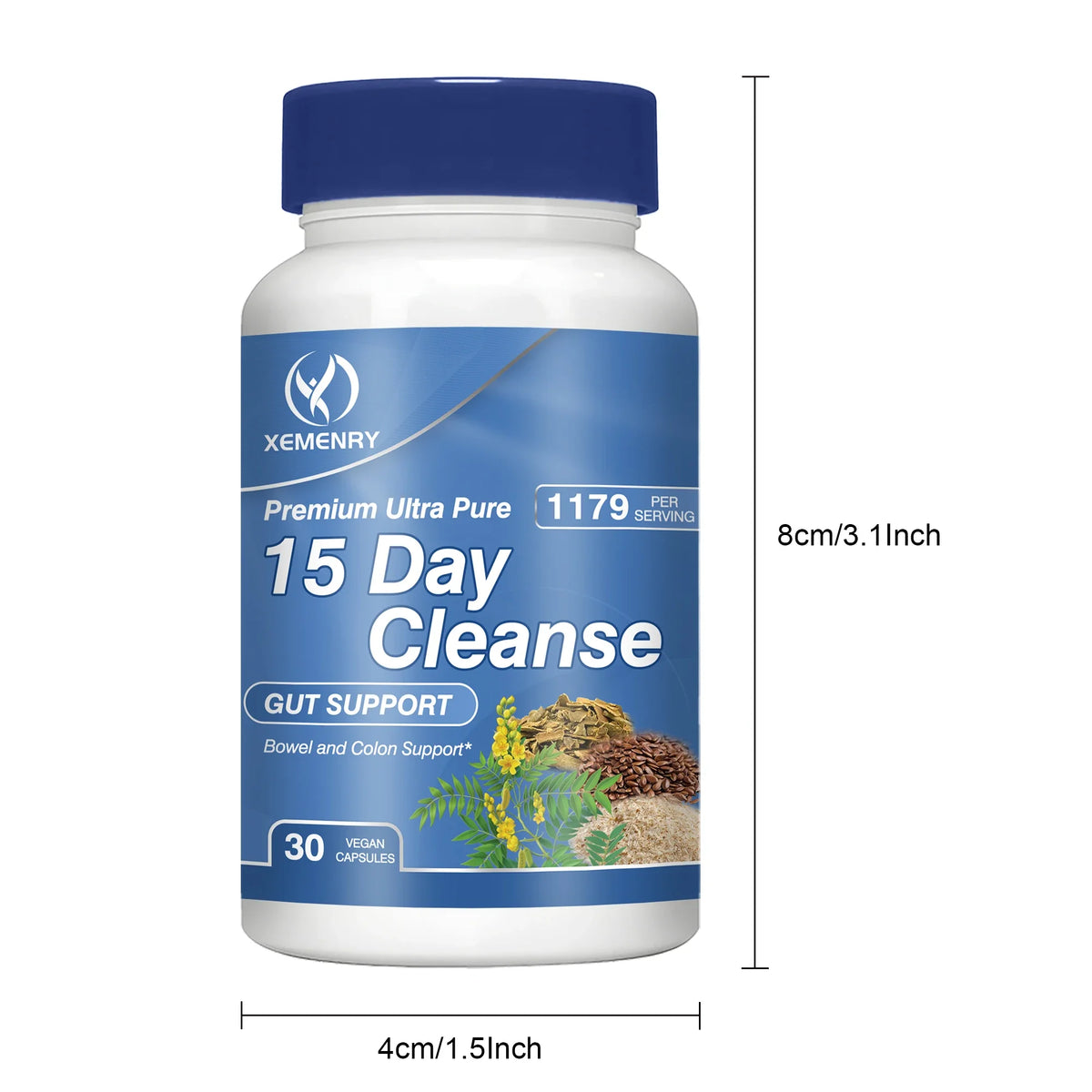 Xemenry 15-Day Cleanse capsules bottle for wellness routines and cleanse-focused supplement use.