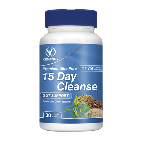 Xemenry Cleanse & Detox dietary capsules bottle for daily supplement intake and 15-day cleansing support.
