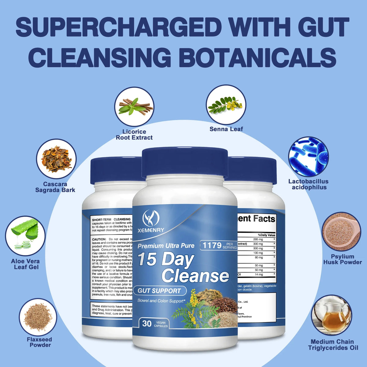 Xemenry cleanse capsules bottle for refresh support and a 15-day wellness supplement routine.