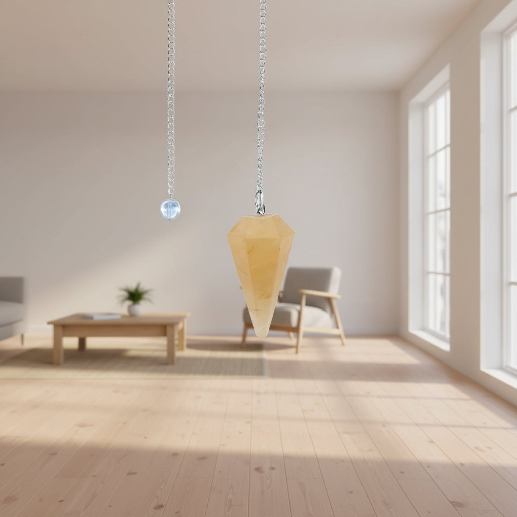 Yellow aventurine 6-sided faceted pendulum on a 9-inch chain for dowsing