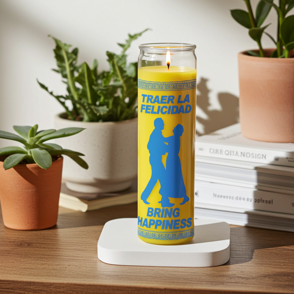 Bring Happiness yellow 7 day candle in glass container for attracting joy, emotional balance, and blessing work.