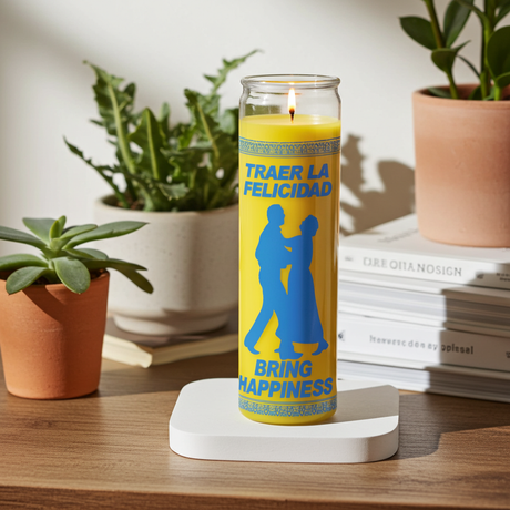 Bring Happiness yellow 7 day candle in glass container for attracting joy, emotional balance, and blessing work.
