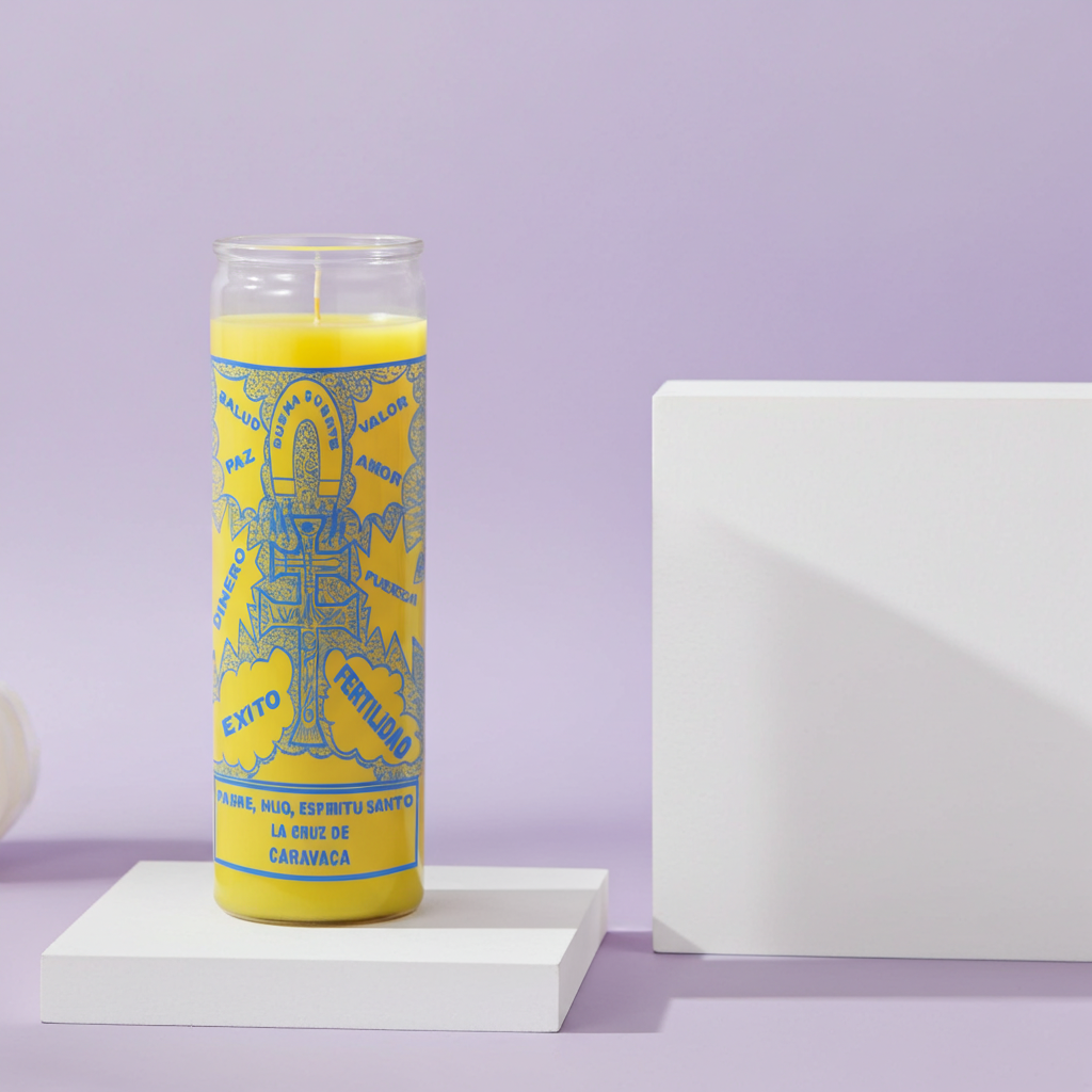 Cross of Caravaca yellow prayer candle in glass container for altar work, blessings, and daily spiritual practice.