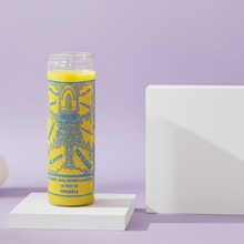 Cross of Caravaca yellow prayer candle in glass container for altar work, blessings, and daily spiritual practice.