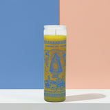 Our Lady of Charity yellow devotional candle in glass container for daily prayer, faith rituals, and sacred space use.