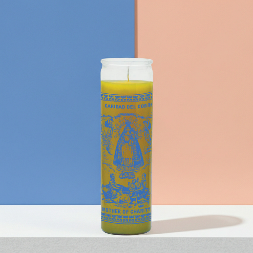 Our Lady of Charity yellow devotional candle in glass container for daily prayer, faith rituals, and sacred space use.